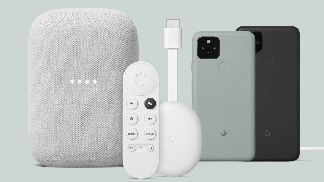 Google products on a green background. Features the Google Nest, Chrome Cast, and Pixel.