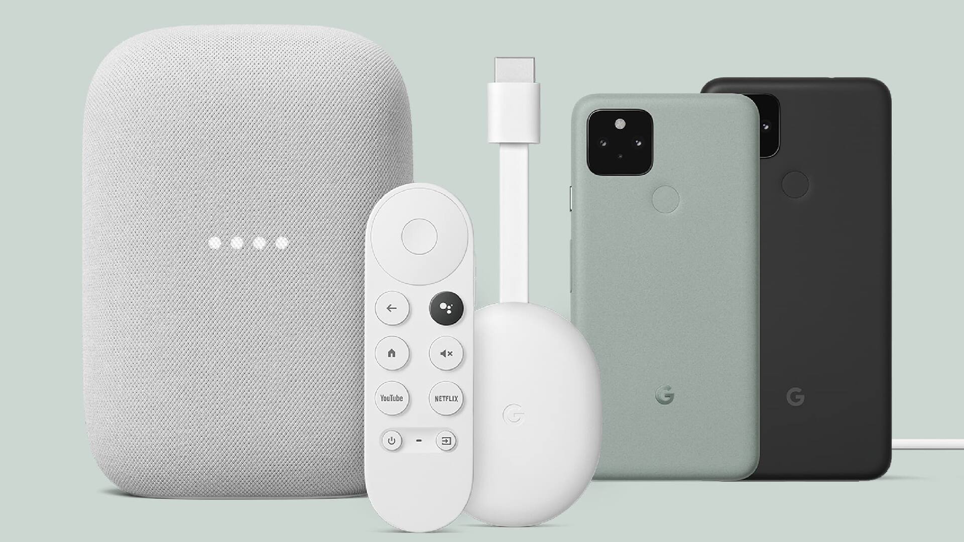 Google products on a green background. Features the Google Nest, Chrome Cast, and Pixel.