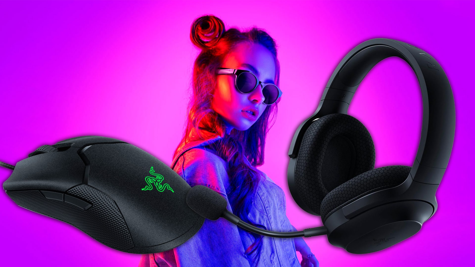 girl on purple backgroun with Razer headphones