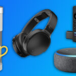 Keurig, Headphones, firestick and echo dot 3 on blue gradient