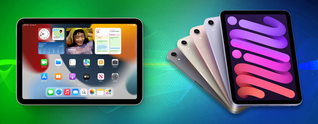 Image shows off the ipad mini on a colorful background. The left part of the image shows a single iPad with the screen on home. The right part of the image shows off the various color choices with ipad minis fanned out. 
