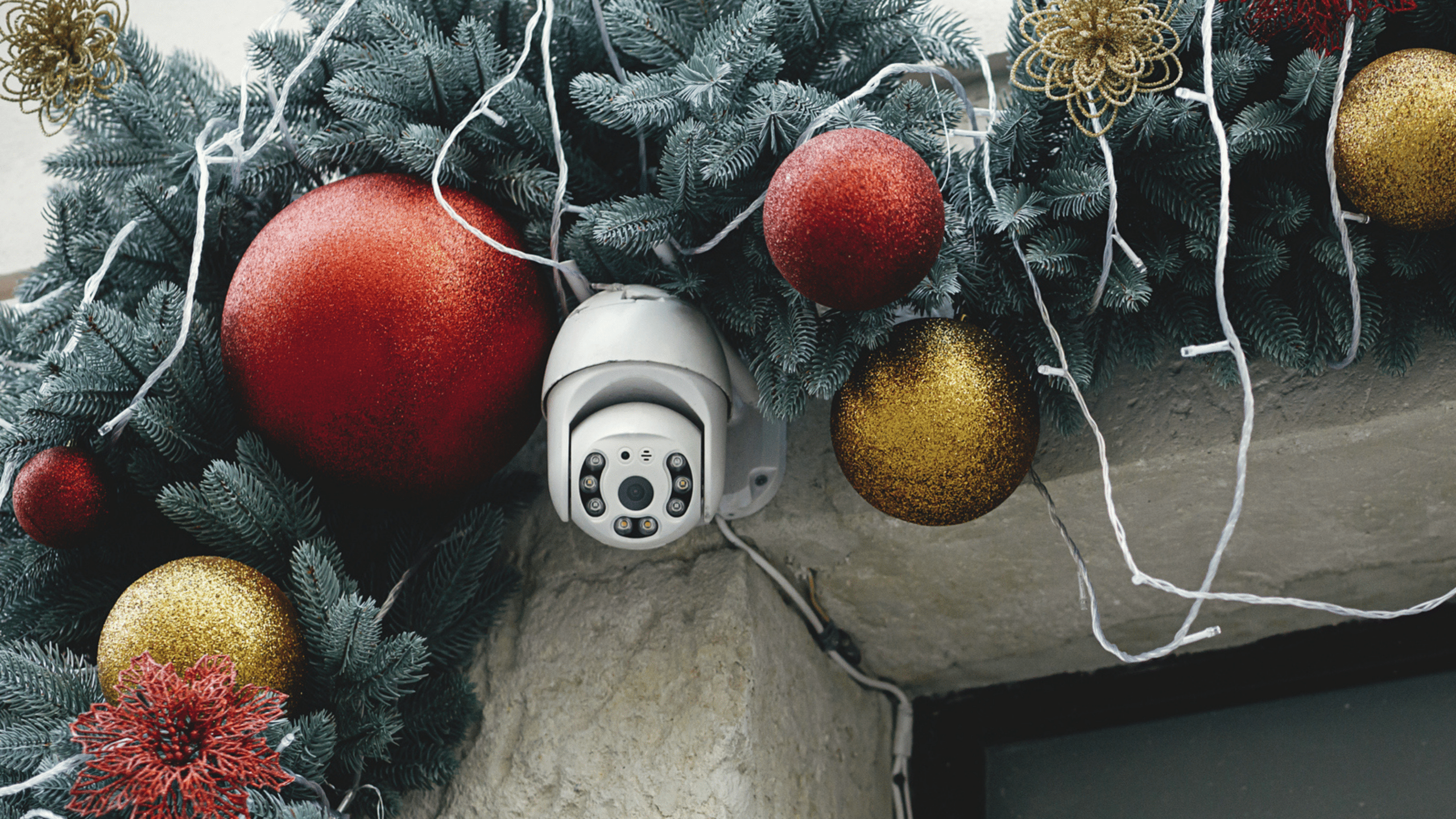 security camera on outside of home surrounded by christmas scenery