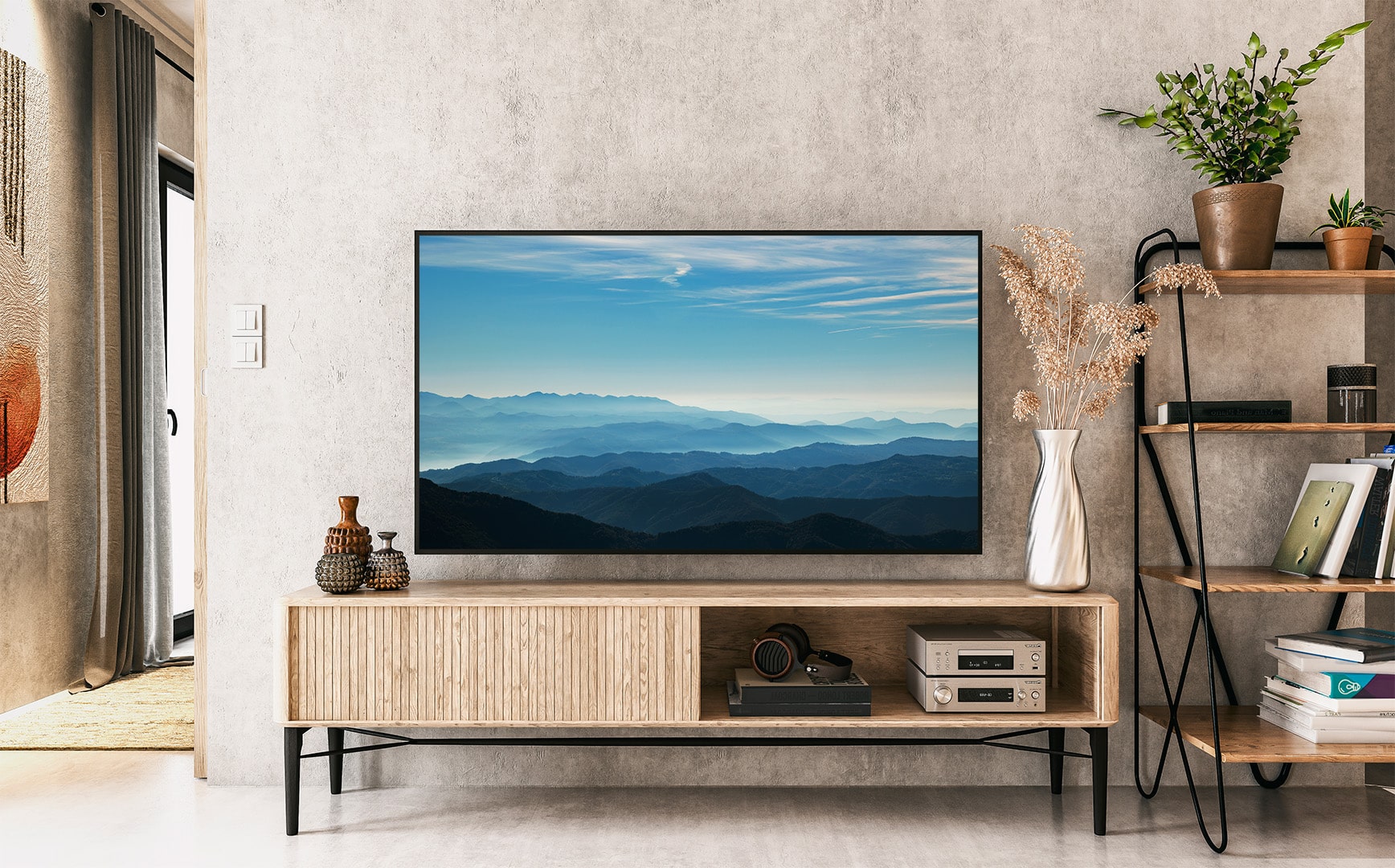 Blue mountains and sky on tv background in nice home